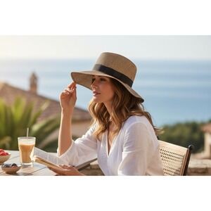 Pugs Sun Hat Black and Brown Woven Wide Brim Bow Accent Resort Vacation